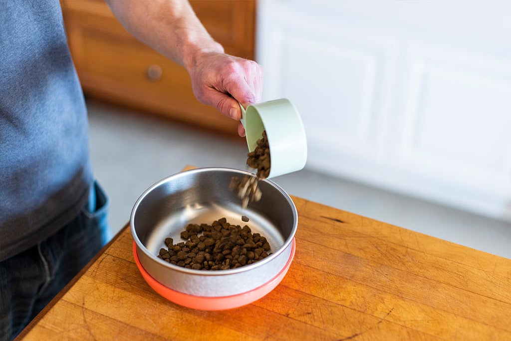 Kibble dog food being poured into a Basis Pet stainless steel bowl with a coral colored bowl cozy that is resting on a wooden kitchen food preparation stand.