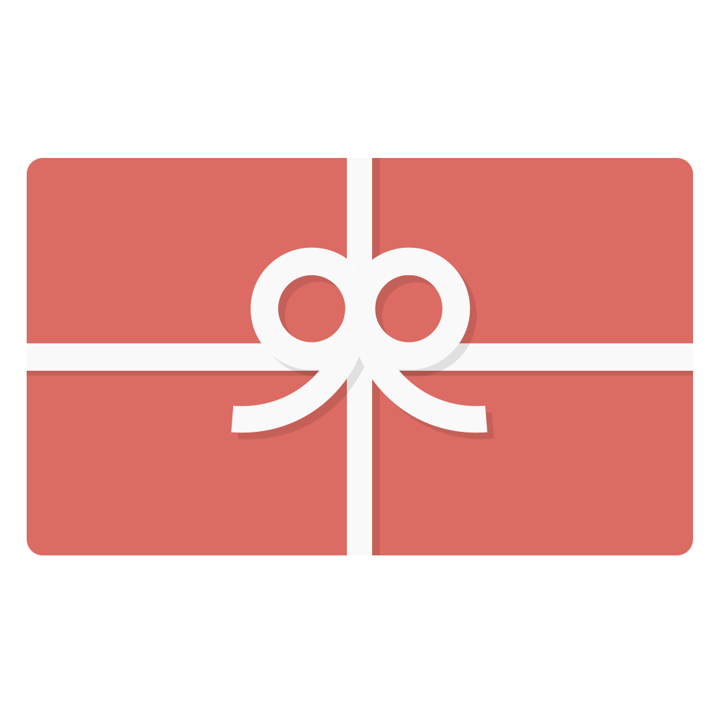 A gift card graphic of a wrapped light red box with a white ribbon and bow.