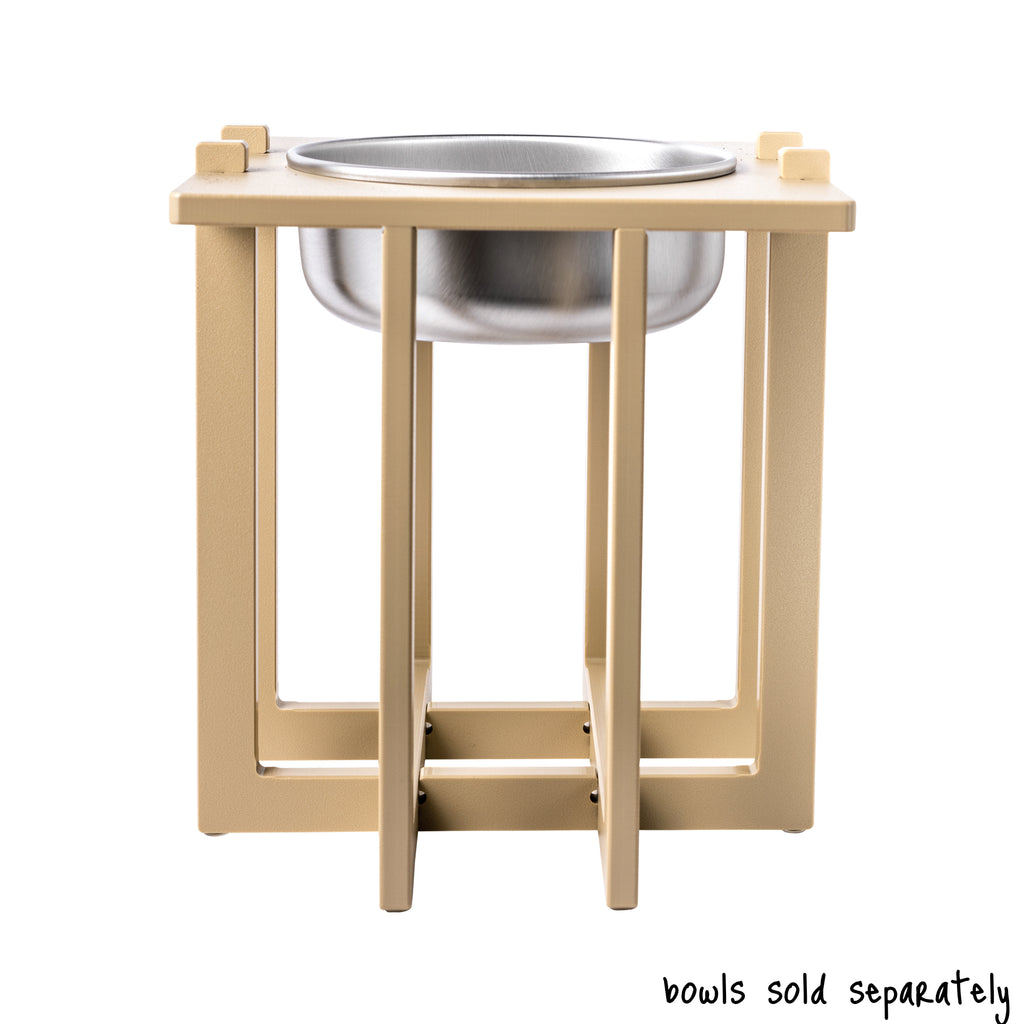 A single bowl Rise Pet Bowl Stand for large dog bowls, high rise height. Text reads "bowls sold separately".
