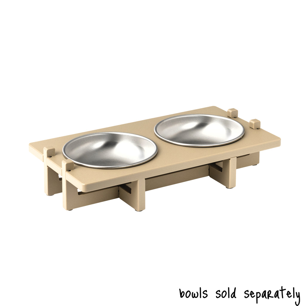 A double bowl Rise Pet Bowl Stand for small dog bowls / cat bowls, low rise height. Text reads "bowls sold separately". 
