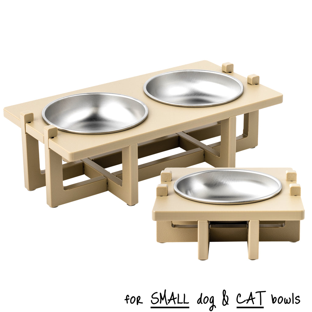 A double bowl Rise Pet Bowl stand for small dog bowls / cat bowls, mid rise height in the background and a single bowl Rise Pet Bowl Stand for small dog bowls / cat bowls, low rise height in the foreground. Text reads "for small dog and cat bowls".