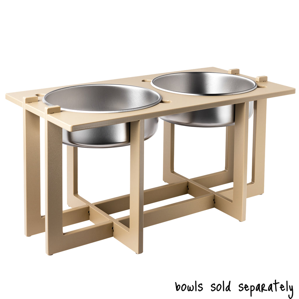 A double bowl Rise Pet Bowl Stand for extra large dog bowls, high rise height. Text reads "bowls sold separately".