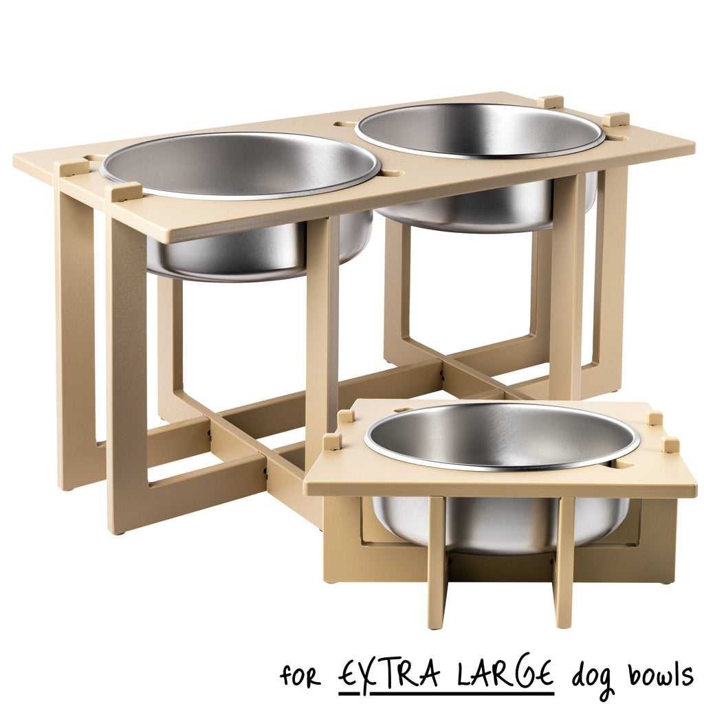 A double bowl Rise Pet Bowl stand for extra large size dog bowls, high rise height in the background and a single bowl Rise Pet Bowl stand for extra large dog bowls, low rise height in the foreground. Text reads "for extra large dog bowls".