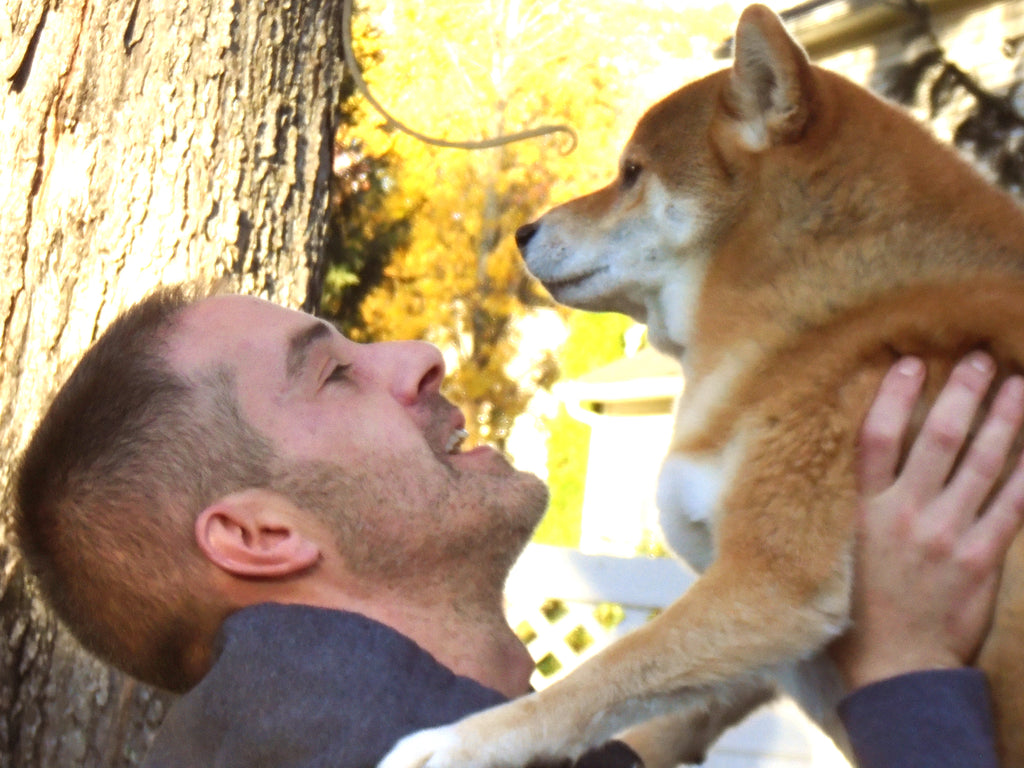 Closeup of a man lifting a Shiba Inu dog in an outdoor environment with trees and leaves in the background.