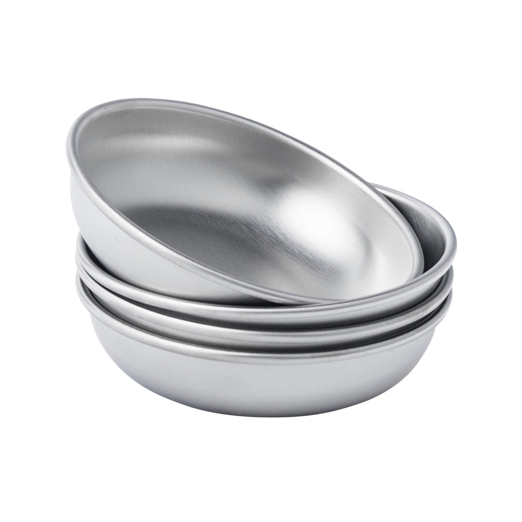 A nested stack of 4 Basis Pet stainless steel cat bowls