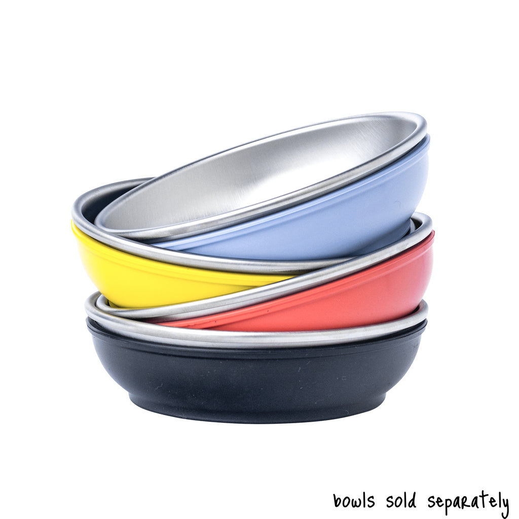A stack of 4 size small Basis Pet stainless steel dog bowls (same as the cat bowls), each in a different colored bowl cozy. Text reads "bowls sold separately".