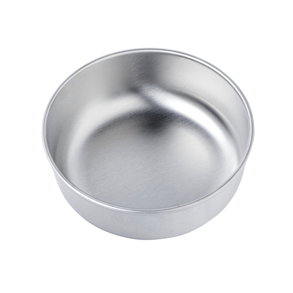 A single large size Basis Pet stainless steel dog bowl shown from a top down angle.