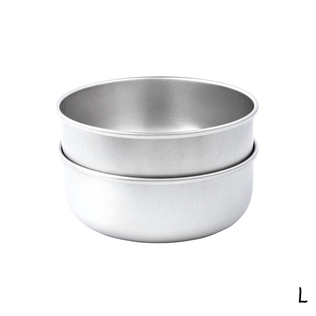 A stack of 2 large size Basis Pet stainless steel dog bowls.