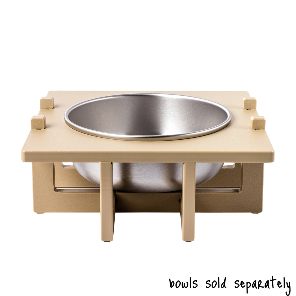 A single bowl Rise Pet Bowl Stand for large dog bowls, low rise height. Text reads "bowls sold separately".