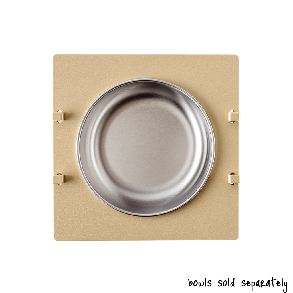 A single bowl Rise Pet Bowl Stand for large dog bowls, shown from above. Text reads "bowls sold separately".