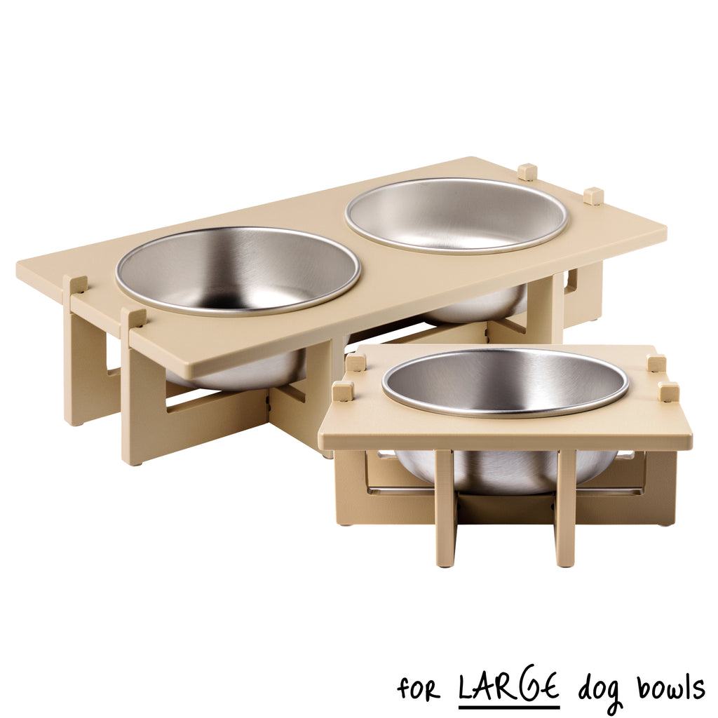 A double bowl Rise Pet Bowl Stand for Large Dog Bowls, low rise height in the background and a single bowl Rise Pet Bowl Stand for large dog bowls, low rise height in the foreground. Text reads "for Large dog bowls".