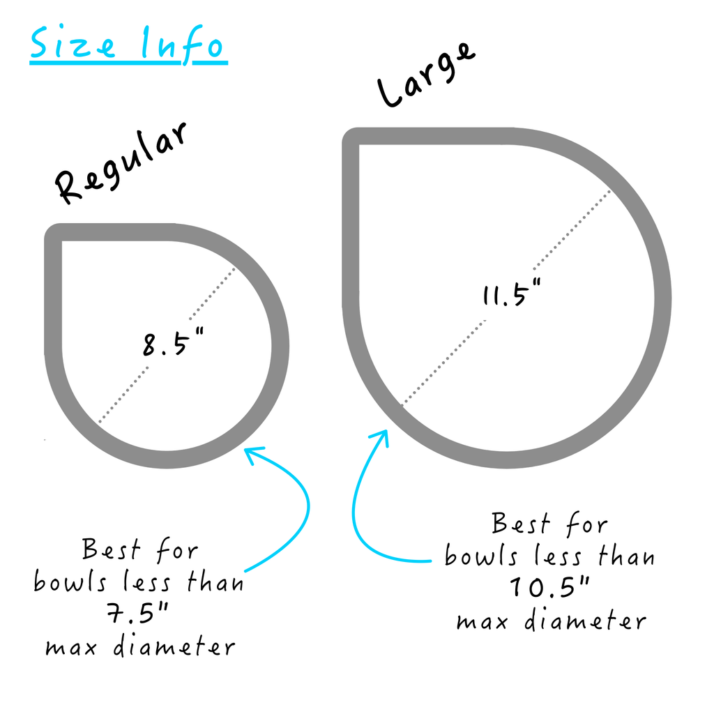 Size chart graphic of the Ultra Grip mini pet bowl mats. On one side is a representation of a regular size mat depicting the 8.5" diameter and underneath is the text "Best for bowls less than 7.5" max diameter". On the other side is a representation of the large size mat depicting the diameter of 11.5" and text underneath that reads "Best for bowls less than 10.5" max diameter".