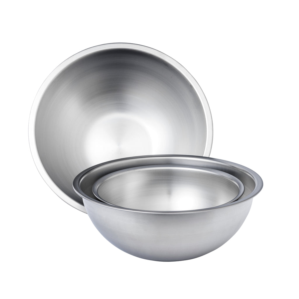 All three sizes of the Workhorse Stainless Steel Mixing Bowls. The 8 quart bowl is shown vertically in the background. In the foreground is the 3 quart bowl nested inside the 5 quart bowl.
