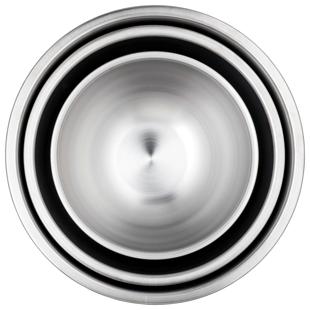 All 3 sizes of the Workhorse Stainless Steel Mixing Bowls shown nested from above.