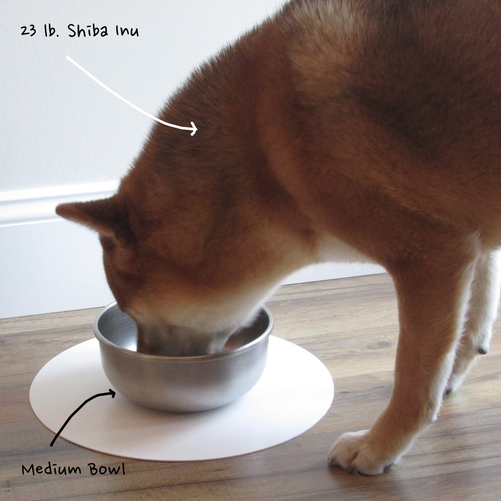 A closeup of a dog eating from a pet bowl that has been placed on an Ultra Grip Pet Bowl Mat. Text that reads "23 pound Shiba Inu" and "Medium bowl".