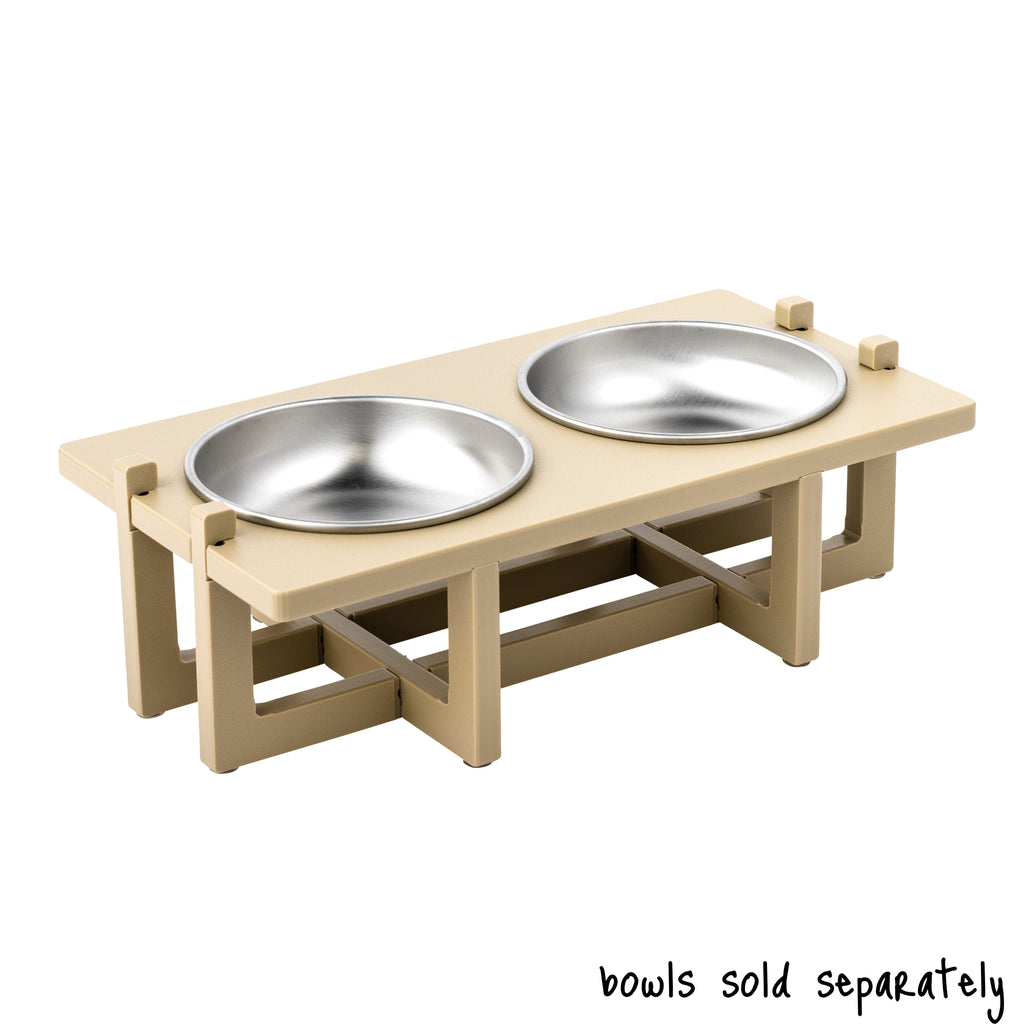 A double bowl Rise Pet Bowl Stand for small dog bowls / cat bowls, mid rise height. Text reads "bowls sold separately".