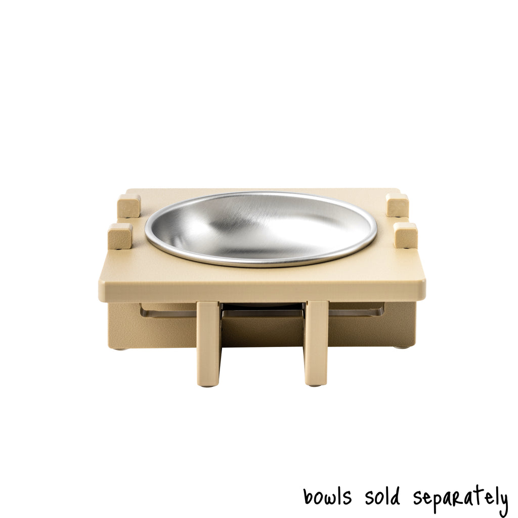 A single bowl Rise Pet Bowl Stand for small dog bowls / cat bowls, low rise height. Text reads "bowls sold separately".