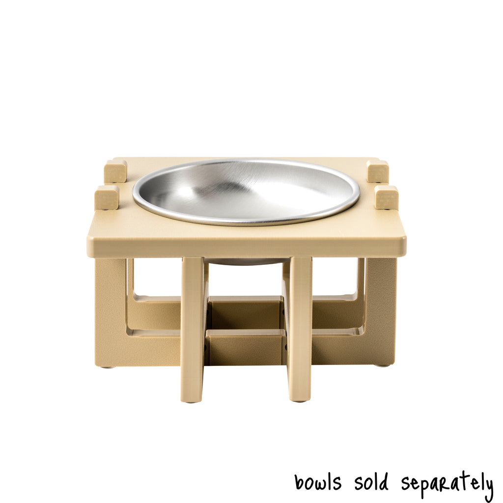 A single bowl Rise Pet Bowl Stand for small dog bowls / cat bowls, mid rise height. Text reads "bowls sold separately".