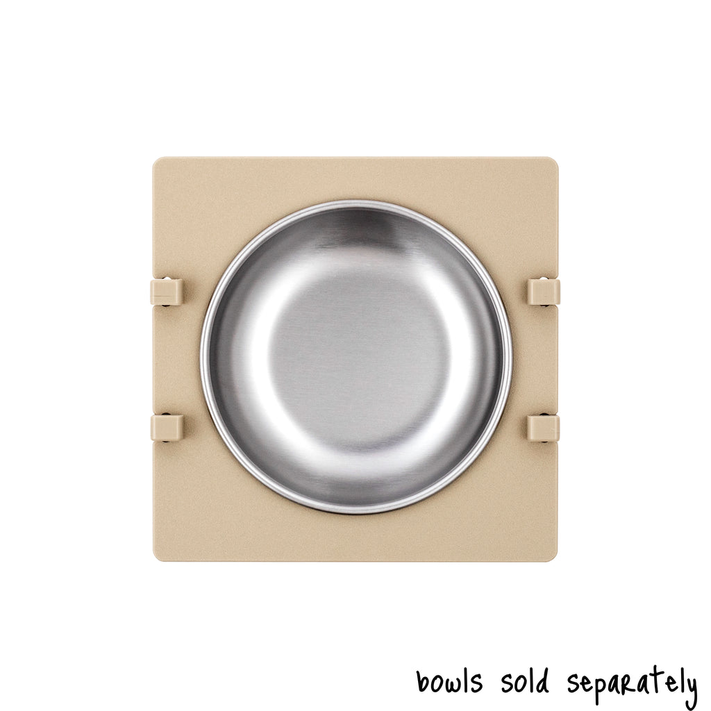 A single bowl Rise Pet Bowl Stand for small dog bowls / cat bowls, shown from above. Text reads "bowls sold separately".