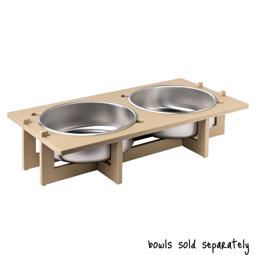 A double bowl Rise Pet Bowl Stand for extra large dog bowls, low rise height. Text reads "bowls sold separately".