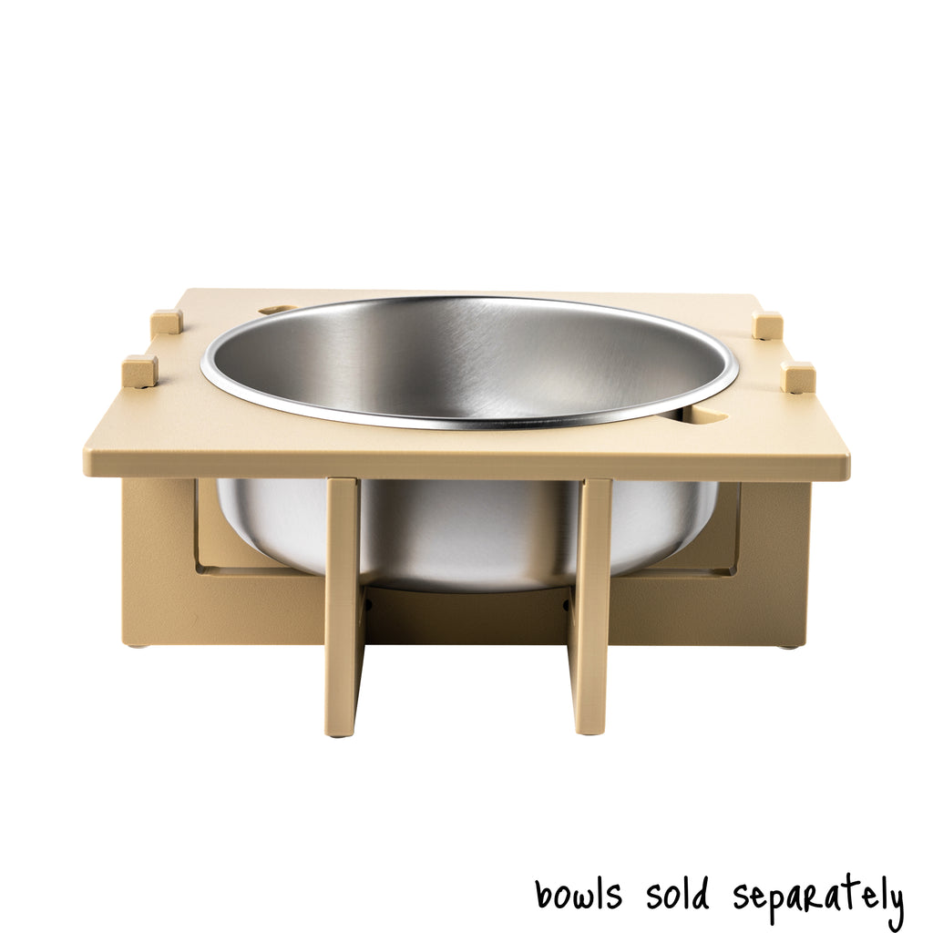 A single bowl Rise Pet Bowl Stand for extra large dog bowls, low rise height. Text reads "bowls sold separately".